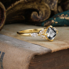 Cushion Cut 1 Carat Black Rutilated Quartz Anniversary Ring Classic Side Stone Ring
