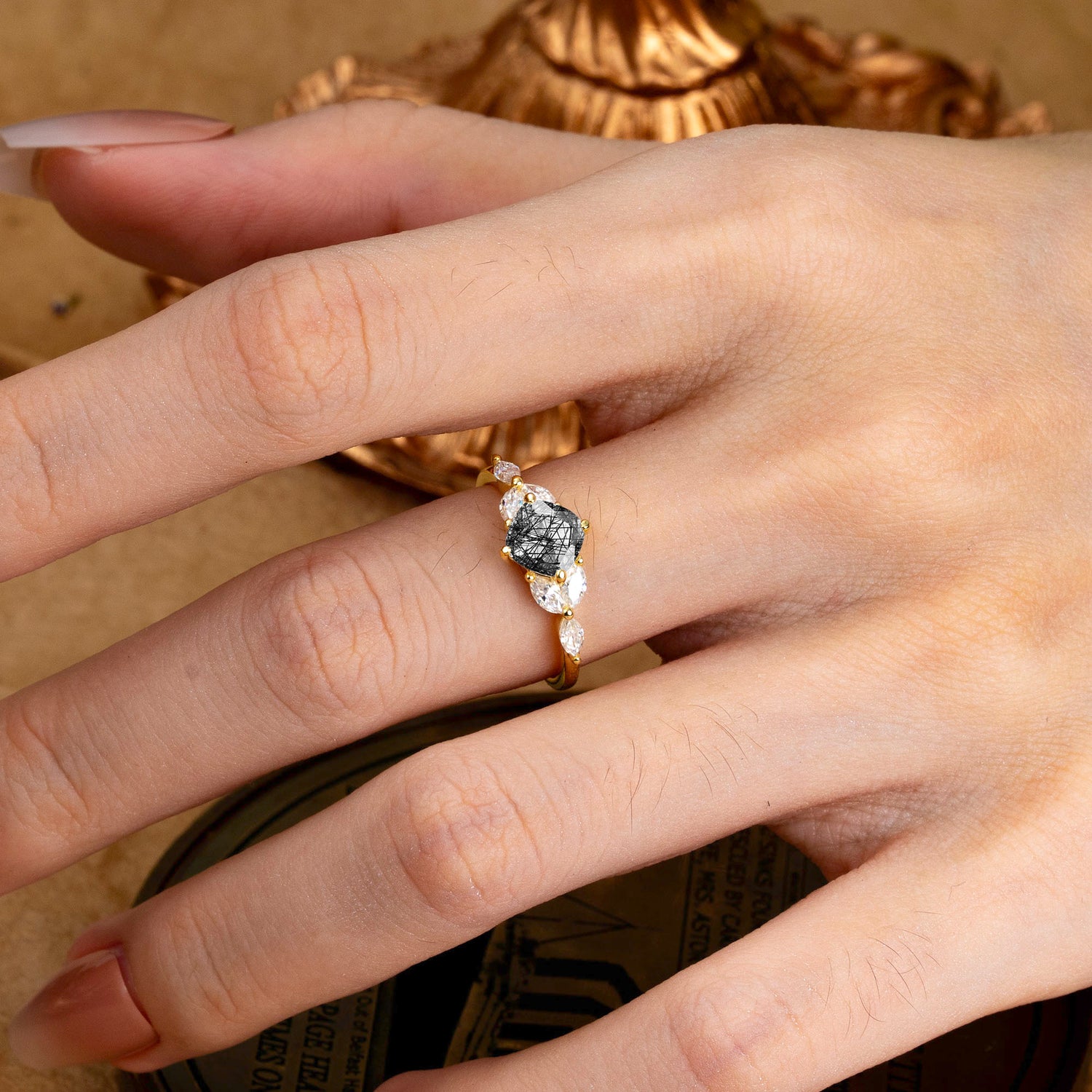 Cushion Cut 1 Carat Black Rutilated Quartz Anniversary Engagement Ring Classic Side Stone Ring