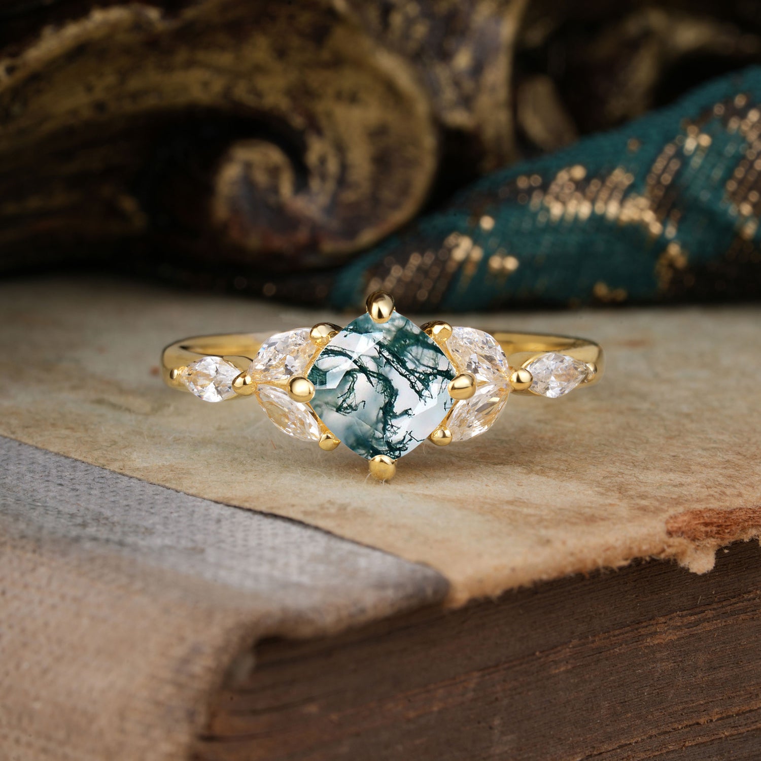 Cushion Cut 1 Carat Moss Agate Anniversary Engagement Ring Classic Side Stone Ring