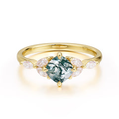 Cushion Cut 1 Carat Moss Agate Anniversary Ring Classic Side Stone Ring