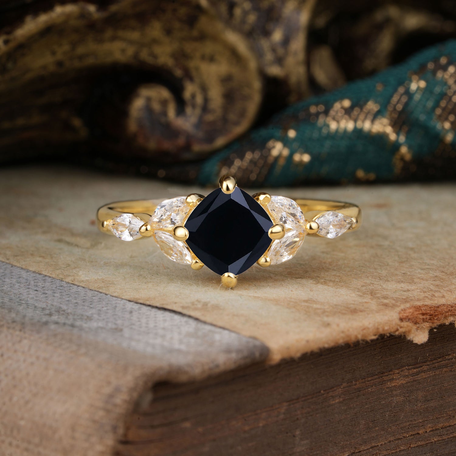 Cushion Cut 1 Carat Black Onyx Anniversary Engagement Ring Classic Side Stone Ring