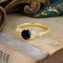 Cushion Cut 1 Carat Black Onyx Anniversary Ring Classic Side Stone Ring