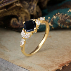 Cushion Cut 1 Carat Black Onyx Anniversary Ring Classic Side Stone Ring
