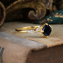 Cushion Cut 1 Carat Black Onyx Anniversary Ring Classic Side Stone Ring