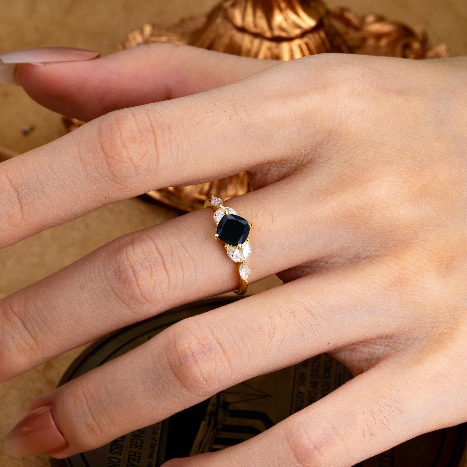 Cushion Cut 1 Carat Black Onyx Anniversary Engagement Ring Classic Side Stone Ring