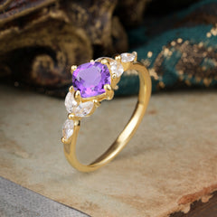 Cushion Cut 1 Carat Amethyst Anniversary Ring Classic Side Stone Ring