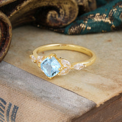 Cushion Cut 1 Carat Aquamarine Anniversary Ring Classic Side Stone Ring
