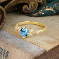 Cushion Cut 1 Carat Aquamarine Anniversary Ring Classic Side Stone Ring