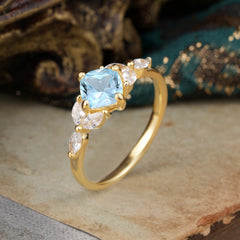 Cushion Cut 1 Carat Aquamarine Anniversary Ring Classic Side Stone Ring