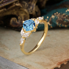 Cushion Cut 1 Carat Aquamarine Anniversary Ring Classic Side Stone Ring