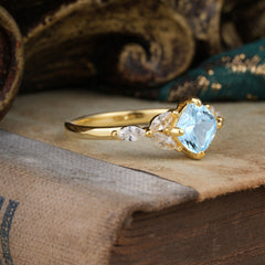 Cushion Cut 1 Carat Aquamarine Anniversary Ring Classic Side Stone Ring