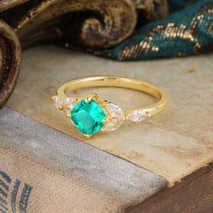 Cushion Cut 1 Carat Emerald Anniversary Ring Classic Side Stone Ring