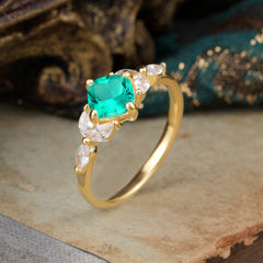 Cushion Cut 1 Carat Emerald Anniversary Ring Classic Side Stone Ring