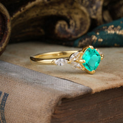 Cushion Cut 1 Carat Emerald Anniversary Ring Classic Side Stone Ring