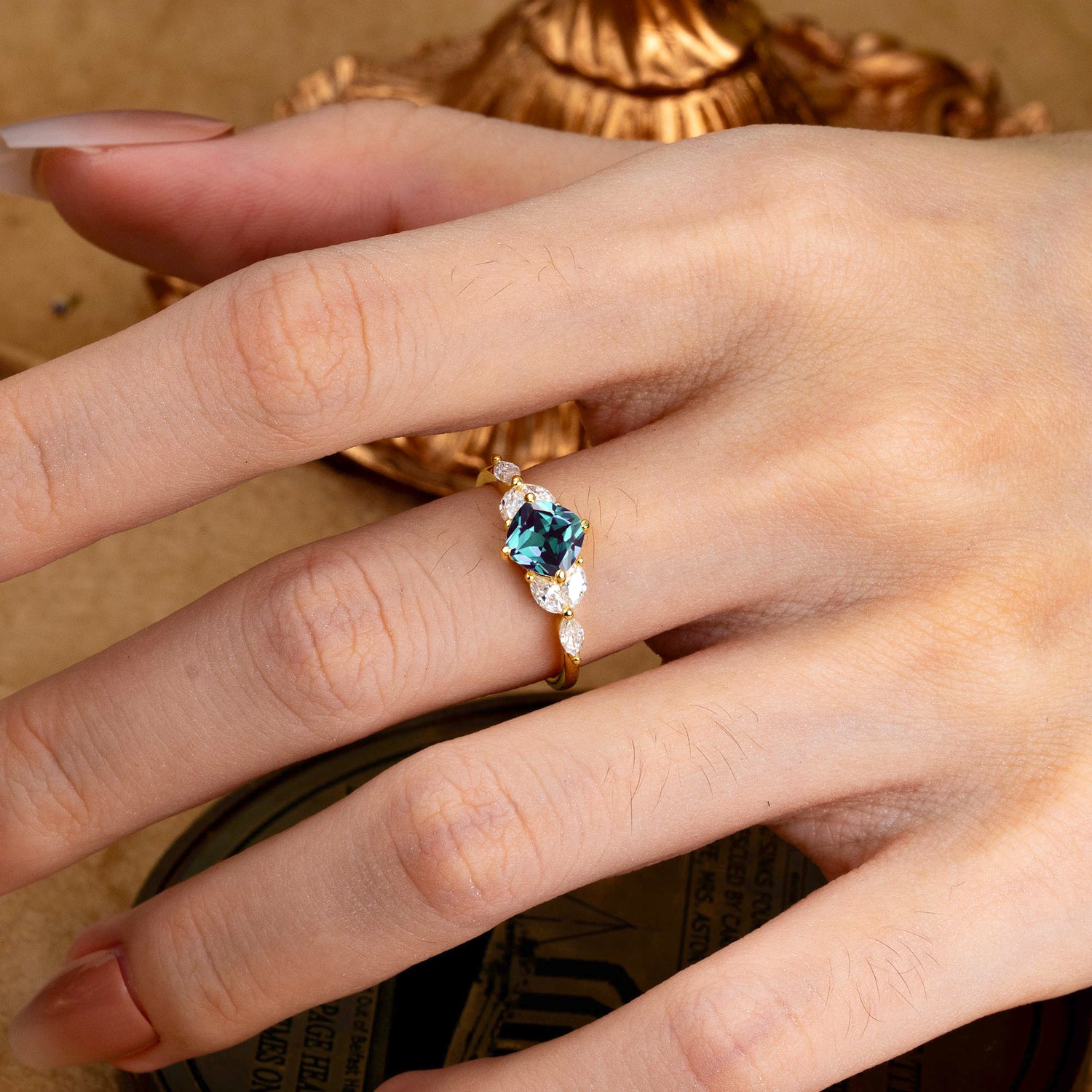 Cushion Cut 1 Carat Alexandrite Anniversary Engagement Ring  Classic Side Stone Ring