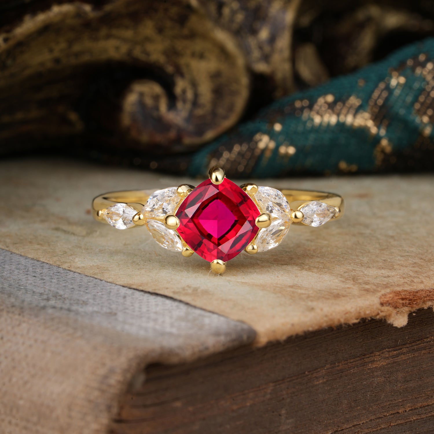 Cushion Cut 1 Carat Ruby Anniversary Engagement Ring Classic Side Stone Ring