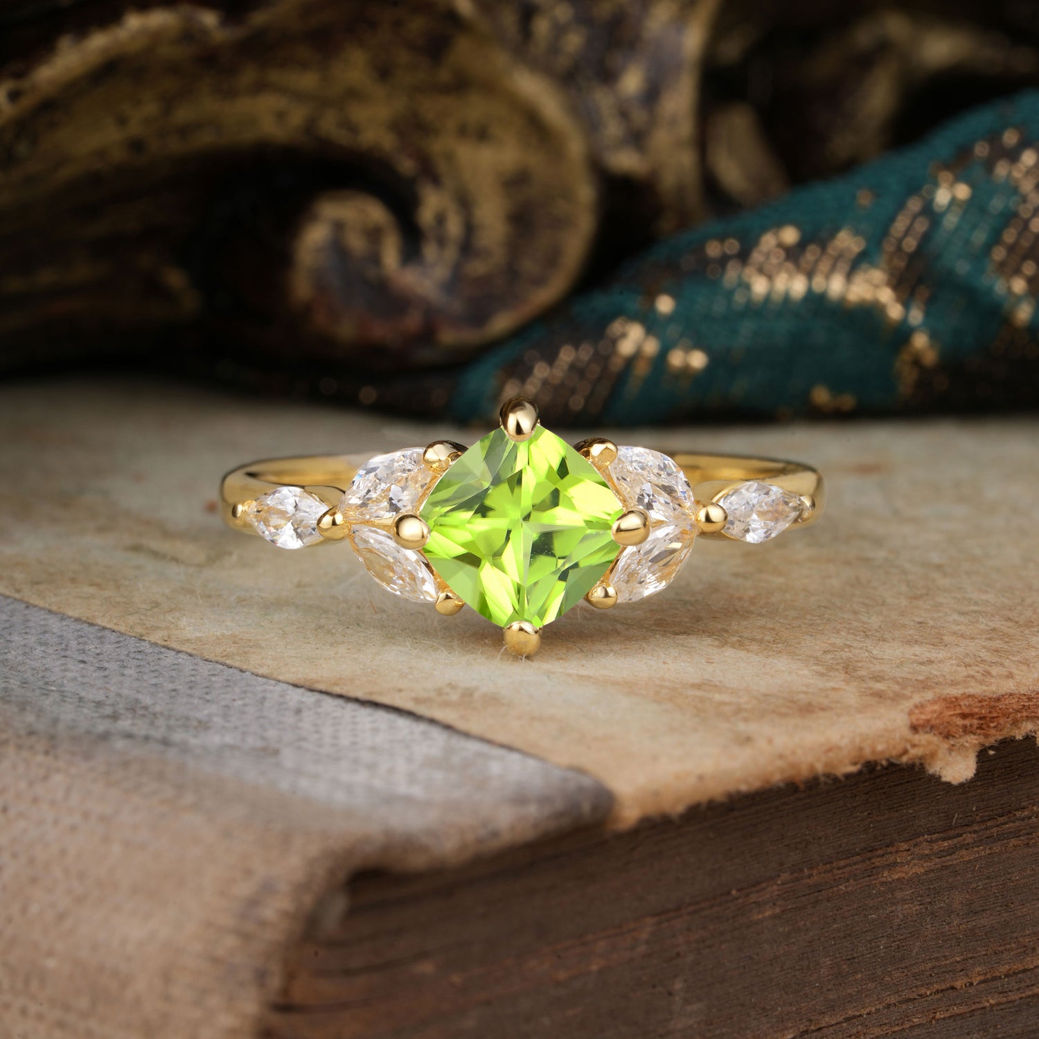 Cushion Cut 1 Carat Peridot Anniversary Engagement Ring Classic Side Stone Ring