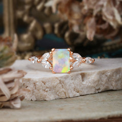 1 Carat 4 Prong Emerald Cut Opal Ring Marquise Side Stone Engagement Ring