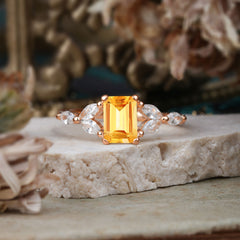 1 Carat 4 Prong Emerald Cut Citrine Ring Marquise Side Stone Engagement Ring