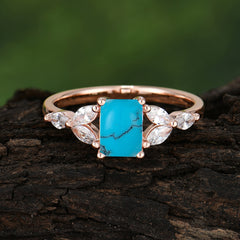 1 Carat Emerald Cut Turquoise Ring Marquise Side Stone Engagement Ring