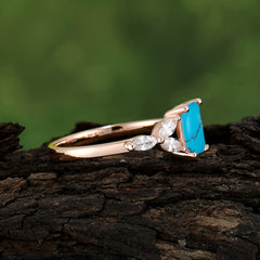 1 Carat Emerald Cut Turquoise Ring Marquise Side Stone Engagement Ring