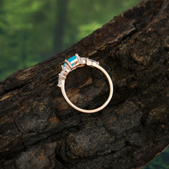 1 Carat Emerald Cut Turquoise Ring Marquise Side Stone Engagement Ring