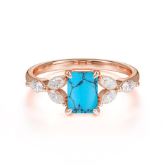 1 Carat Emerald Cut Turquoise Ring Marquise Side Stone Engagement Ring