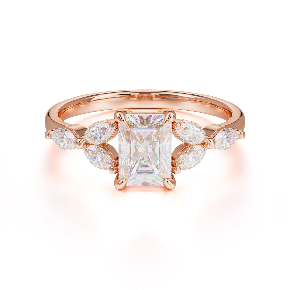 1 Carat Emerald Cut Moissanite Ring Marquise Side Stone Engagement Ring