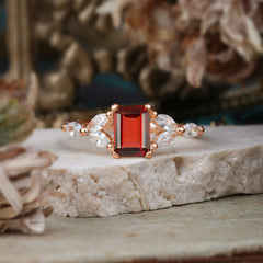 1 Carat 4 Prong Emerald Cut Garnet Ring Marquise Side Stone Engagement Ring