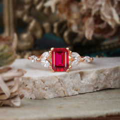 1 Carat 4 Prong Emerald Cut Ruby Ring Marquise Side Stone Engagement Ring