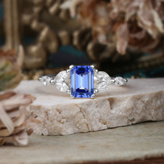 1 Carat Emerald Cut Sapphire Ring Marquise Side Stone Engagement Ring