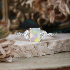1 Carat 4 Prong Emerald Cut Opal Ring Marquise Side Stone Engagement Ring