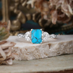1 Carat Emerald Cut Turquoise Ring Marquise Side Stone Engagement Ring
