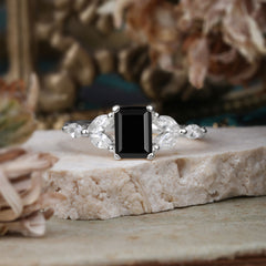 1 Carat Emerald Cut Black Onyx Ring Marquise Side Stone Engagement Ring