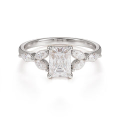 1 Carat Emerald Cut Moissanite Ring Marquise Side Stone Engagement Ring
