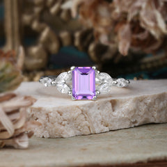 1 Carat 4 Prong Emerald Cut Amethyst Ring Marquise Side Stone Engagement Ring