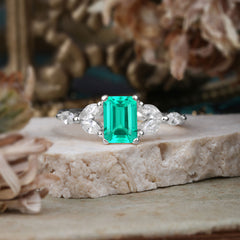 1 Carat 4 Prong Emerald Cut Emerald Ring Marquise Side Stone Engagement Ring