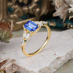 1 Carat Emerald Cut Sapphire Ring Marquise Side Stone Engagement Ring