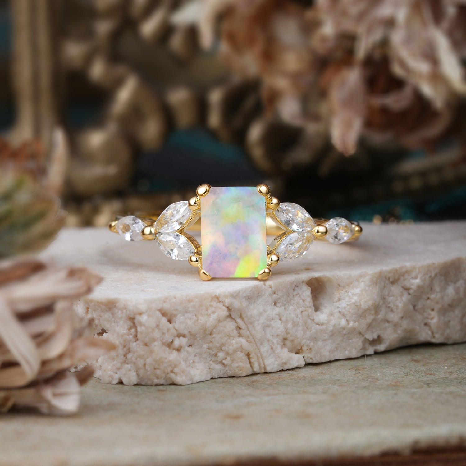 1 Carat 4 Prong Emerald Cut Opal Ring Marquise Side Stone Engagement Ring