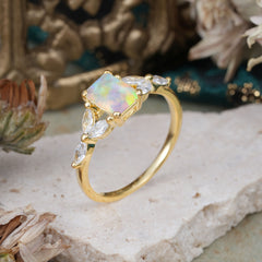1 Carat 4 Prong Emerald Cut Opal Ring Marquise Side Stone Engagement Ring