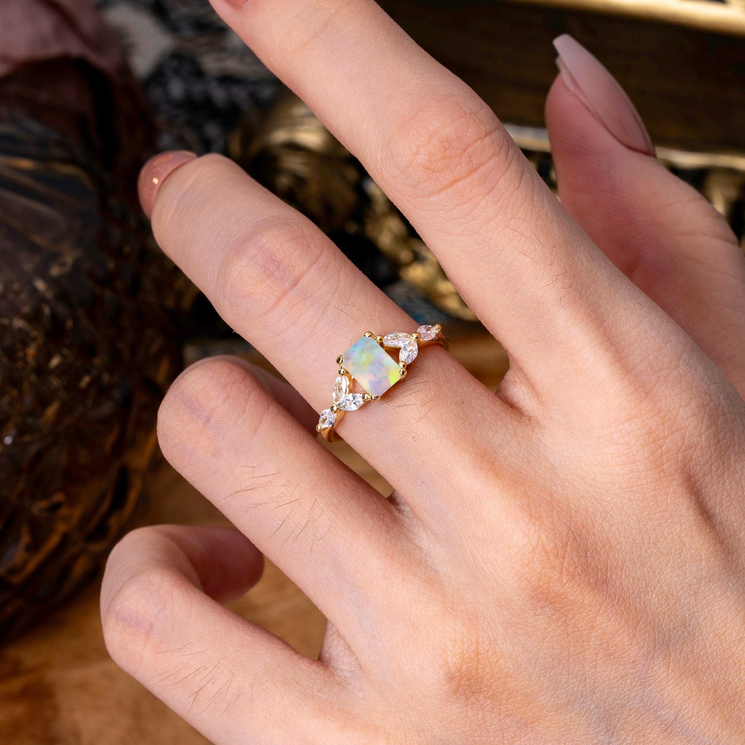 1 Carat 4 Prong Emerald Cut Opal Ring Marquise Side Stone Engagement Ring