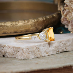 1 Carat 4 Prong Emerald Cut Citrine Ring Marquise Side Stone Engagement Ring