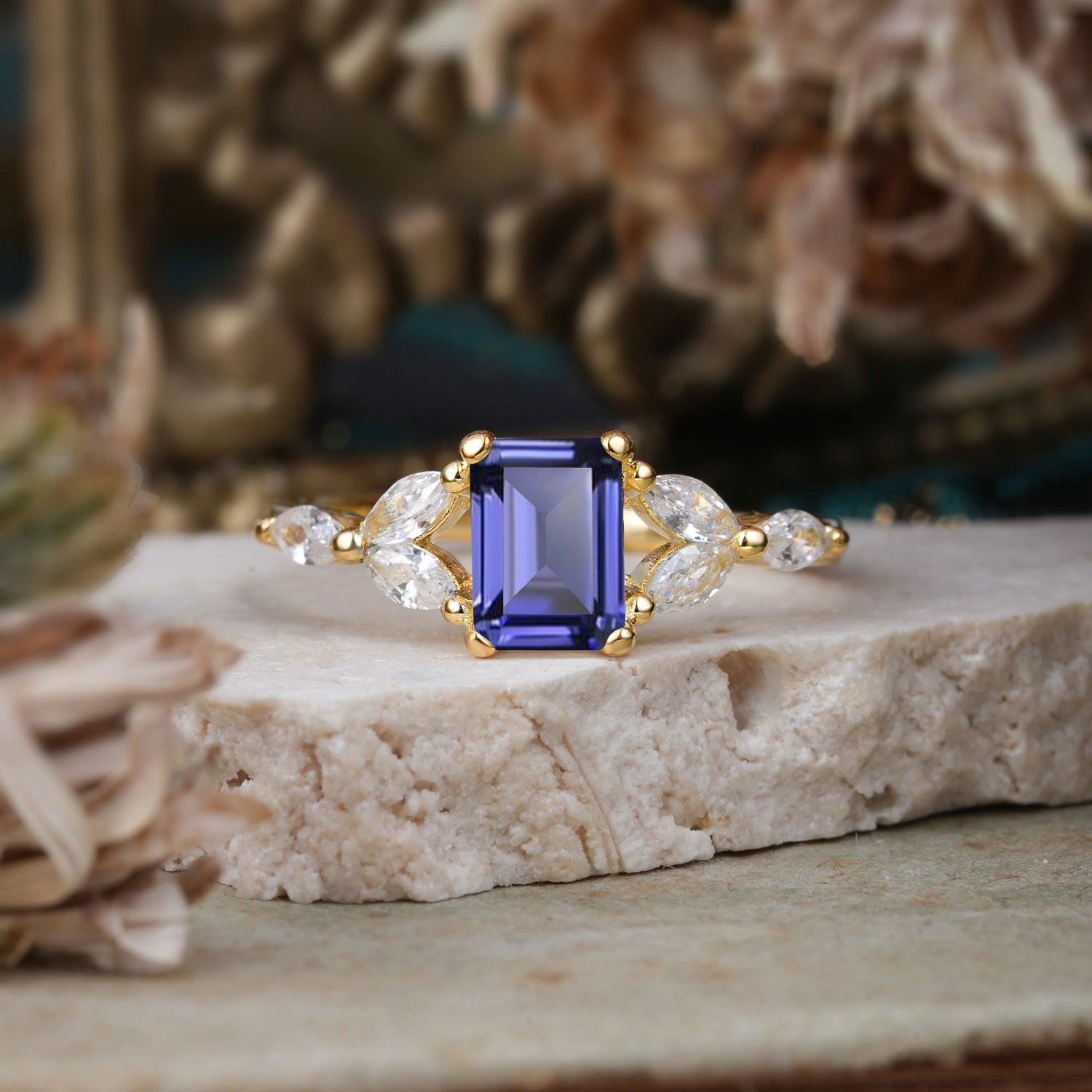 1 Carat 4 Prong Emerald Cut Tanzanite Ring Marquise Side Stone Engagement Ring - Romalar Jewelry