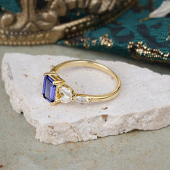 1 Carat 4 Prong Emerald Cut Tanzanite Ring Marquise Side Stone Engagement Ring