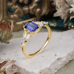 1 Carat 4 Prong Emerald Cut Tanzanite Ring Marquise Side Stone Engagement Ring