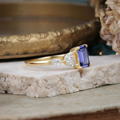 1 Carat 4 Prong Emerald Cut Tanzanite Ring Marquise Side Stone Engagement Ring