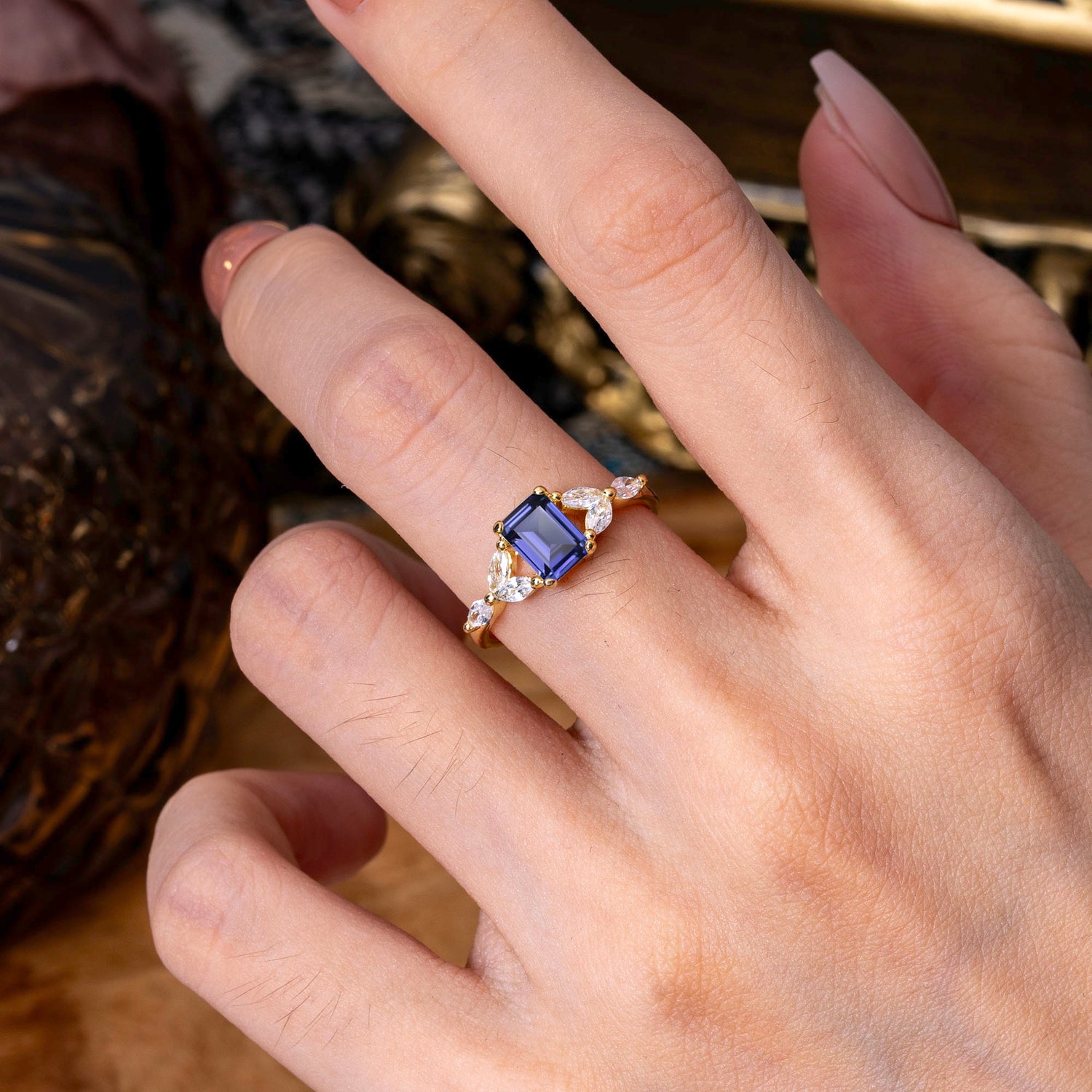 1 Carat 4 Prong Emerald Cut Tanzanite Ring Marquise Side Stone Engagement Ring - Romalar Jewelry