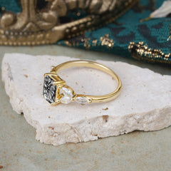 1 Carat 4 Prong Emerald Cut Black Rutilated Quartz Ring Marquise Side Stone Engagement Ring