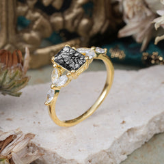 1 Carat 4 Prong Emerald Cut Black Rutilated Quartz Ring Marquise Side Stone Engagement Ring