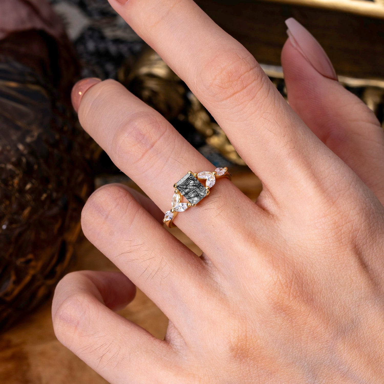 1 Carat 4 Prong Emerald Cut Black Rutilated Quartz Ring Marquise Side Stone Engagement Ring